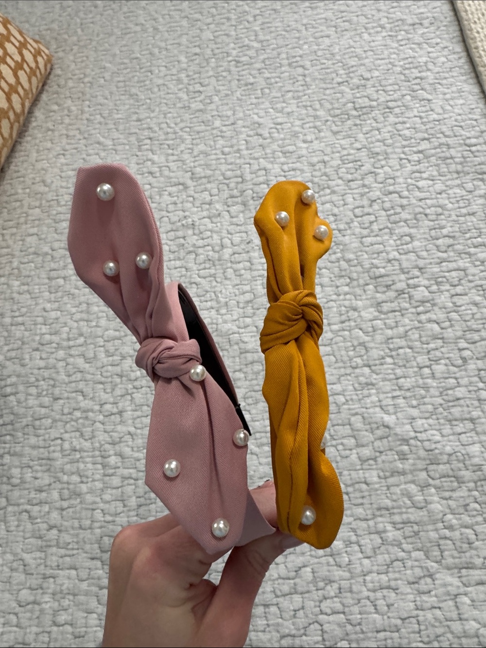 Pearl-Embellished Knot Headbands - Pink & Mustard
